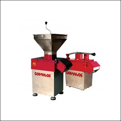 Commercial vegetable cutting machine with feed hopper and interchangeable discs for slicing and dicing - kitchen veg prep machine
