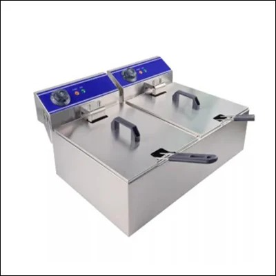 Stainless steel double tank countertop electric deep fryer with twin baskets, lids and individual dial controls - commercial benchtop fryer
