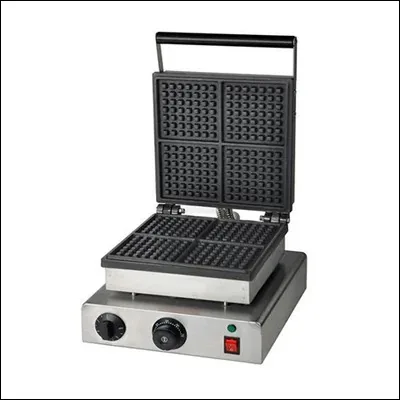 Stainless steel square Belgian waffle maker with four-square non-stick plates and dial controls - commercial waffle iron