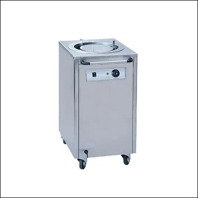 Stainless steel single stack mobile plate warmer dispenser with spring-loaded tube and castors - commercial heated plate dispenser