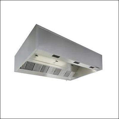 Stainless steel island exhaust hood with stainless baffle filters and lights for central cooking lines - commercial kitchen ventilation