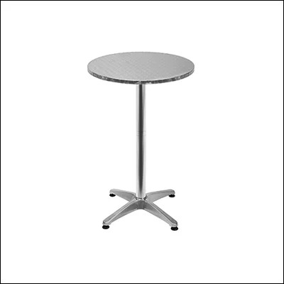 Round aluminium high bar cocktail table with brushed steel top and four-prong cross base - mobile event and reception table
