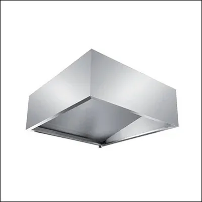 Stainless steel pyramid island exhaust canopy hood suspended over a central cooking island - commercial kitchen ventilation canopy