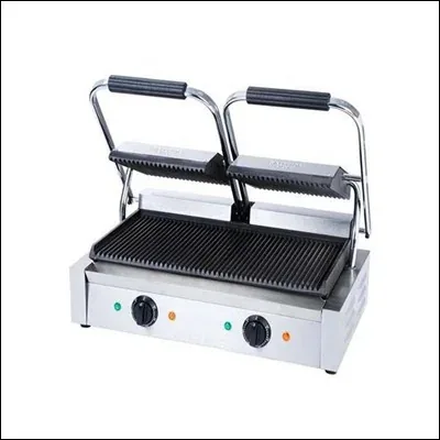 Stainless steel double panini contact grill with ribbed cast iron plates and twin handles - commercial sandwich press