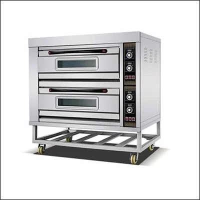 Stainless steel double deck gas baking oven with two glass viewing windows, digital controls and a tubular stand with castor wheels - commercial bakery deck oven