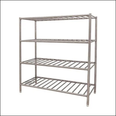 Stainless steel four-tier storage rack with slatted shelves for kitchen storage - commercial shelving