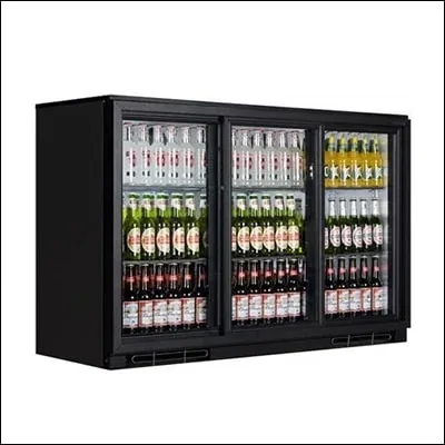 Black back bar bottle cooler with three sliding glass doors stocked with bottled drinks - commercial bar undercounter cooler