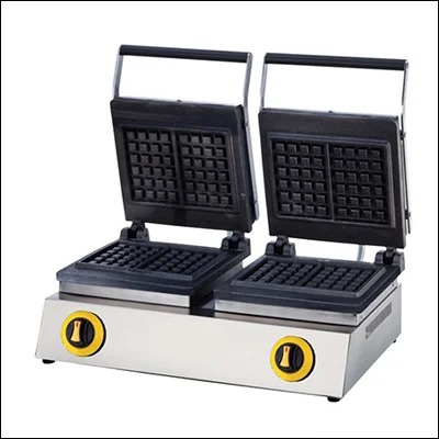Stainless steel double square Belgian waffle maker with twin deep-pocket non-stick plates and dual dial controls - commercial waffle iron