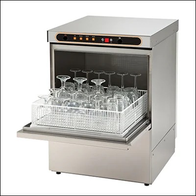 Stainless steel undercounter glass washer loaded with wine glasses in a wash rack - commercial bar glasswasher
