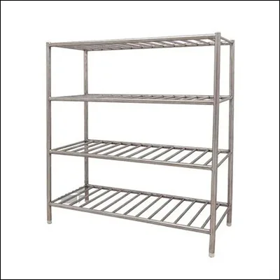 Stainless steel four-tier storage rack with slatted shelves for kitchen storage - commercial shelving