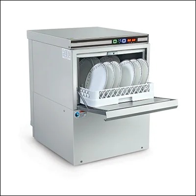 Stainless steel undercounter dishwasher loaded with plates in a wash rack - commercial dishwasher