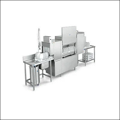 Large stainless steel rack conveyor dishwasher with inlet and outlet tables for high-volume kitchens - commercial conveyor dishwasher