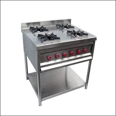 Stainless steel four burner open cooking range with cast iron burners and undershelf - commercial cooking equipment