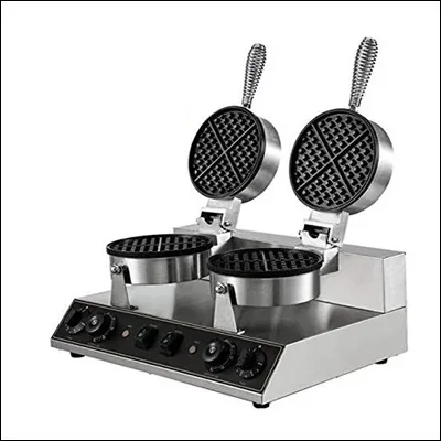 Stainless steel double round Belgian waffle maker with twin rotating non-stick plates and multiple dial controls - commercial waffle iron