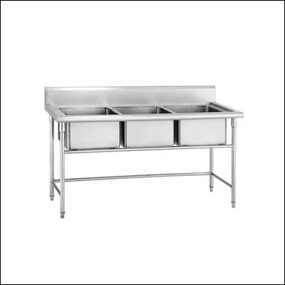 Stainless steel three compartment sink unit with three deep bowls, splashback and cross-braced legs - commercial kitchen sink
