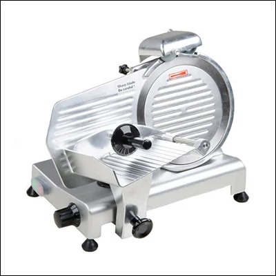 Semi automatic gravity feed meat slicer with large blade and sharpener - commercial deli meat slicing machine
