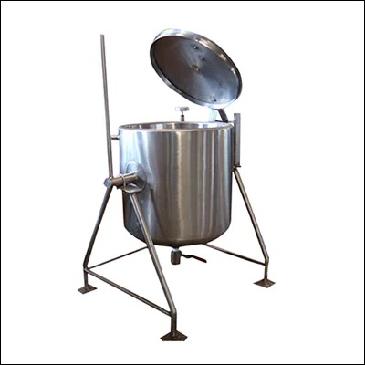 Stainless steel steam jacketed cooking vessel with hinged lid mounted on a tripod stand - commercial steam cooking equipment