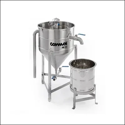 Stainless steel rice and pulse washer with conical tank and drain valve on stand - commercial dal and rice washing machine