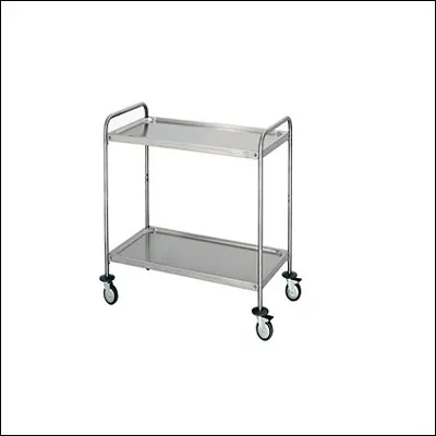 Stainless steel two tier service trolley with raised lip shelves, tubular push handle and four castors - commercial utility serving cart