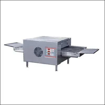 Stainless steel conveyor pizza oven with moving belt, digital controls and adjustable feed trays - commercial continuous baking oven