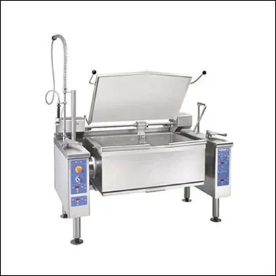 Stainless steel tilting bratt pan with hinged lid and tilt control for bulk cooking - commercial cooking equipment