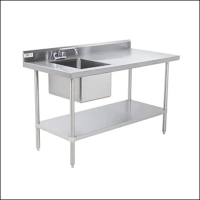 Stainless steel work table with integrated sink bowl, faucet, splashback and undershelf - commercial prep table