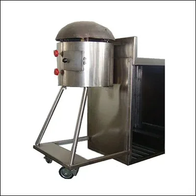 Stainless steel mobile drum roaster machine with domed lid and tilting frame on a castor trolley - commercial roasting unit