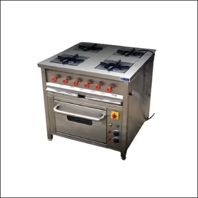 Stainless steel four burner gas range with built-in oven below - commercial cooking equipment