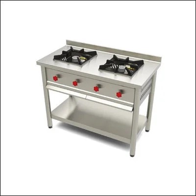 Stainless steel two burner cooking range on stand with undershelf - commercial cooking equipment
