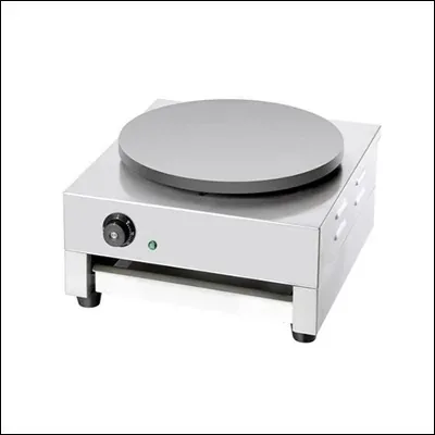 Stainless steel single plate electric crepe maker with round flat cooking surface and temperature dial - commercial pancake griddle