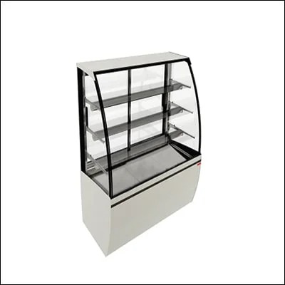 Curved glass tiered bakery display counter with illuminated shelves for cakes and pastries - commercial patisserie showcase