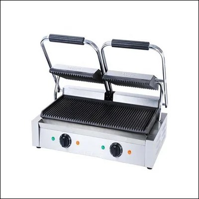 Stainless steel double panini contact grill with ribbed cast iron plates and twin handles - commercial sandwich press