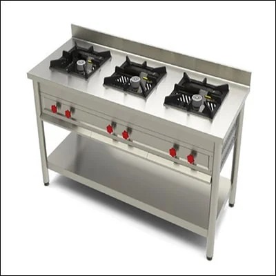 Stainless steel three burner open cooking range on stand with undershelf - commercial cooking equipment