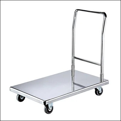 Stainless steel platform trolley with a flat deck and folding push handle on four castors - commercial heavy duty transport cart
