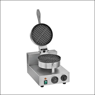 Stainless steel single round Belgian waffle maker with rotating cast plates and timer controls - commercial waffle iron