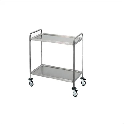 Stainless steel two tier service trolley with raised lip shelves, tubular push handle and four castors - commercial utility serving cart