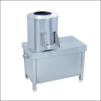 Stainless steel commercial potato peeling machine with drum chamber on cabinet stand - bulk potato peeler