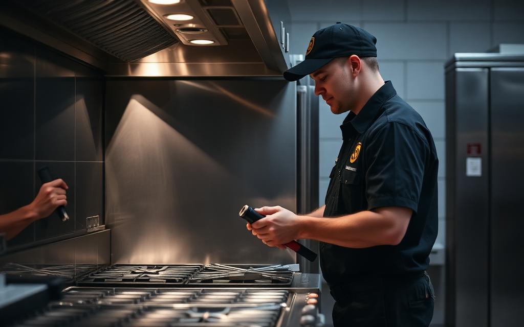 Technician servicing a stainless steel commercial cooking range during a scheduled maintenance visit