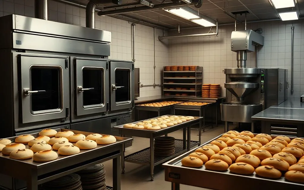 Commercial bakery with stainless steel deck ovens, spiral mixers and prep tables