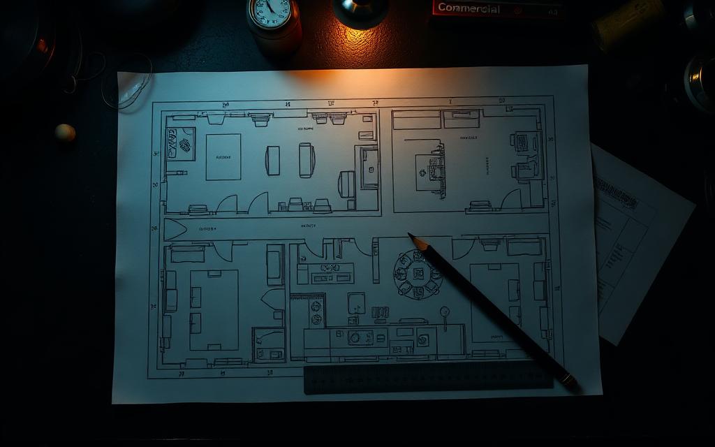 Top down view of a commercial kitchen floor plan drawing on a dark desk with a pencil and steel ruler