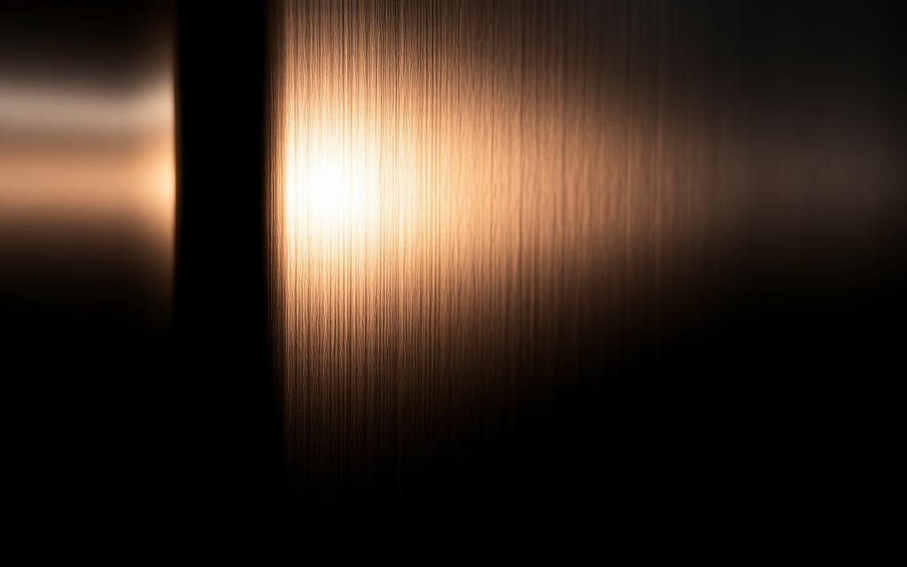 Close up of brushed stainless steel surface with dramatic single light source