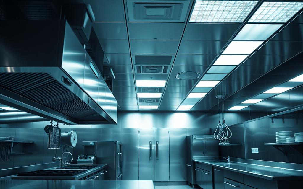 Stainless steel kitchen in pristine condition with overhead lighting, clinical and clean