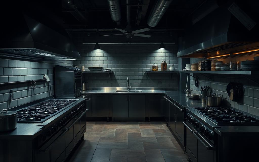 Compact dark cloud kitchen setup with cooking ranges and stainless steel work tables