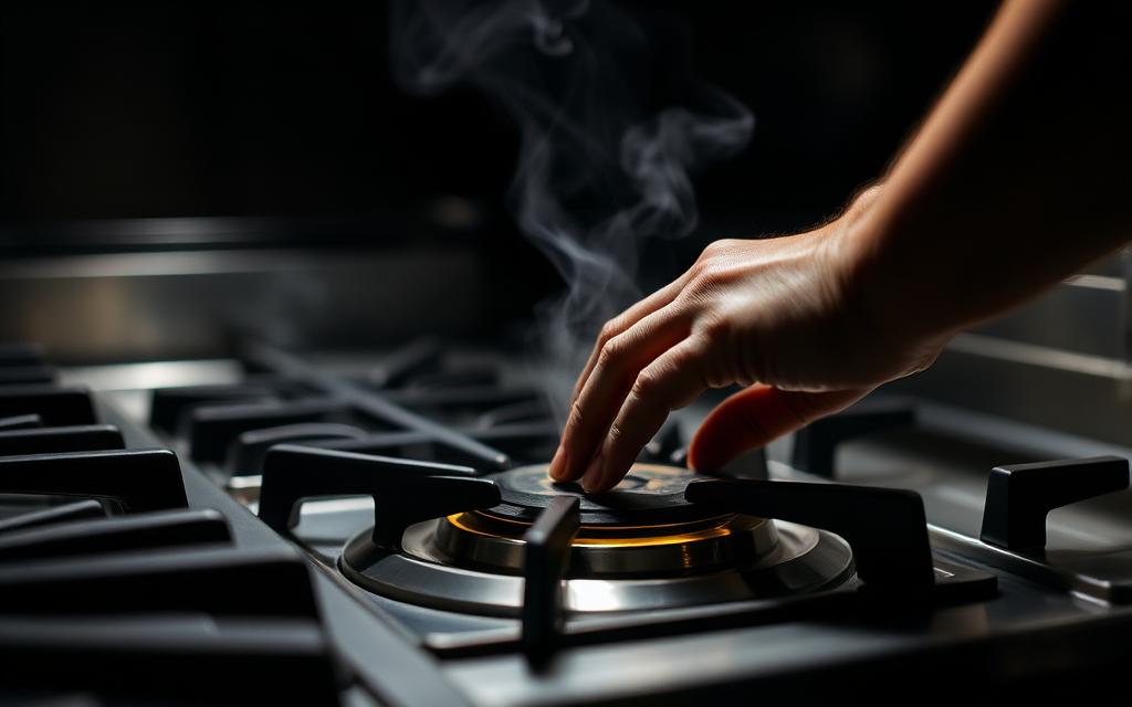 Close up of a technician's hands working on a stainless steel cooking range burner