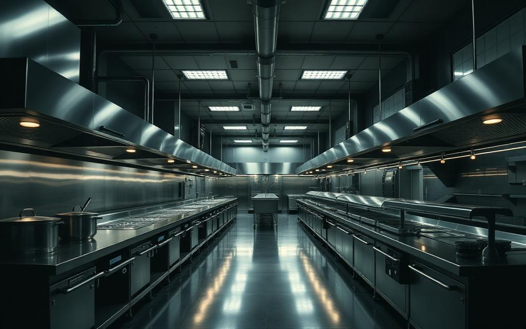 Corporate canteen kitchen with bulk steam cooking equipment and stainless steel serving counters