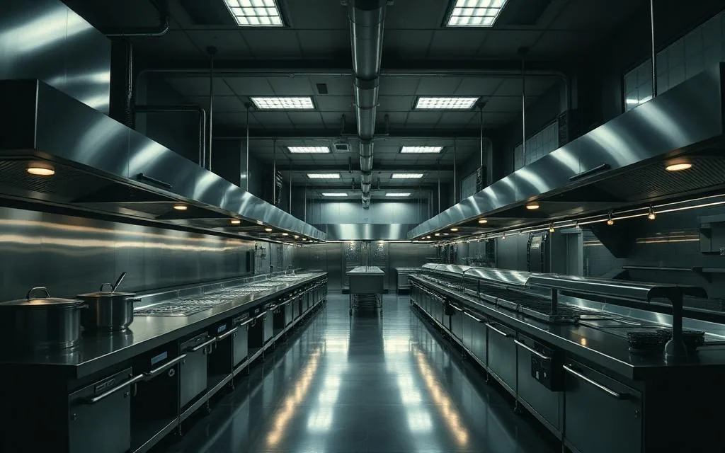 Corporate canteen kitchen with bulk steam cooking equipment and stainless steel serving counters