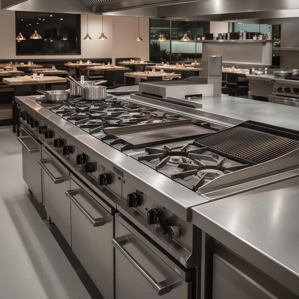 Stainless steel cooking equipment for a commercial kitchen
