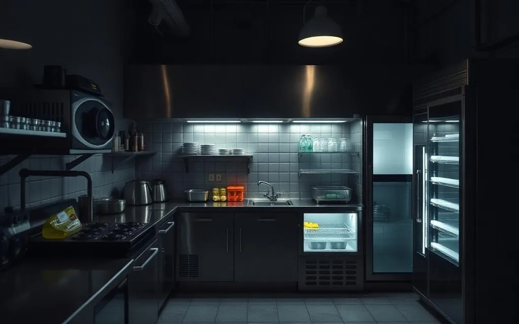 Compact cloud kitchen in Bangalore with stainless steel cooking line and cold storage