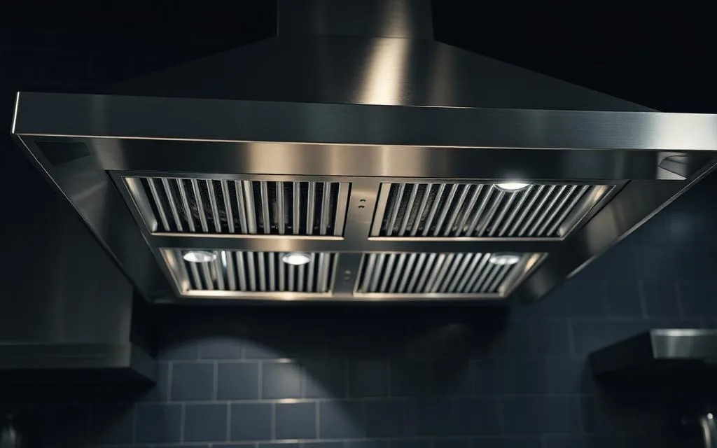 Stainless steel exhaust hood with baffle filters installed above a commercial cooking range