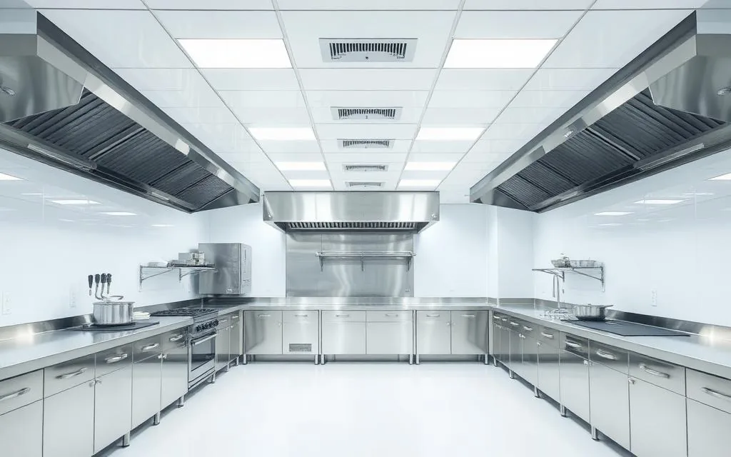 Clean stainless steel commercial kitchen built to FSSAI hygiene standards
